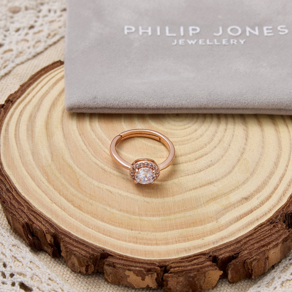 Rose Gold Plated Round Halo Adjustable Ring Created with Zircondia® Crystals