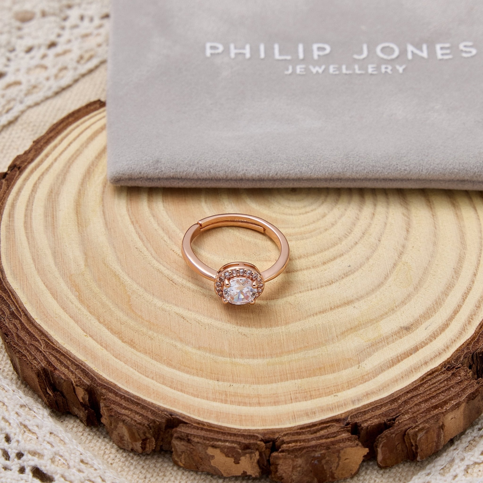 Rose Gold Plated Round Halo Adjustable Ring Created with Zircondia® Crystals