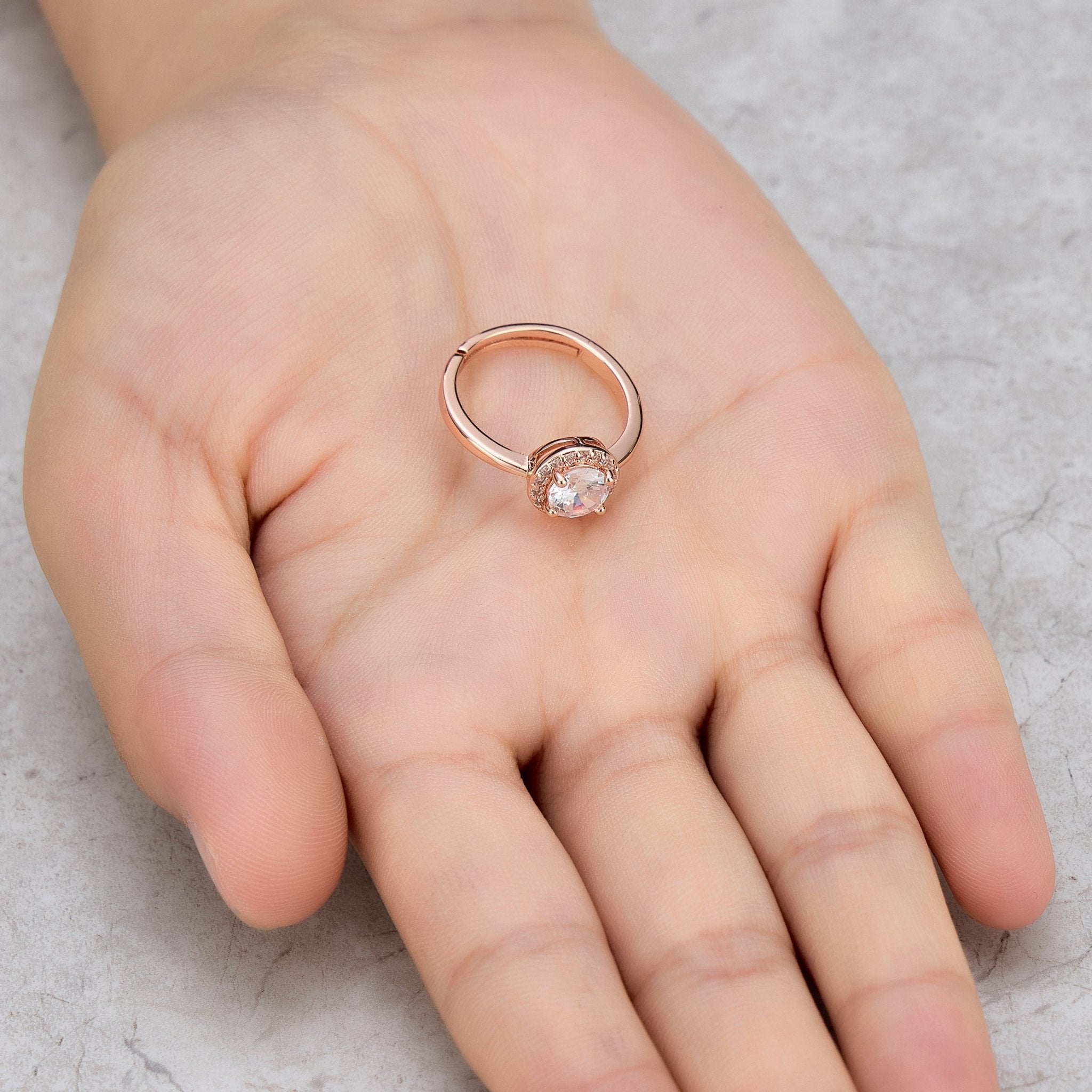 Rose Gold Plated Round Halo Adjustable Ring Created with Zircondia® Crystals