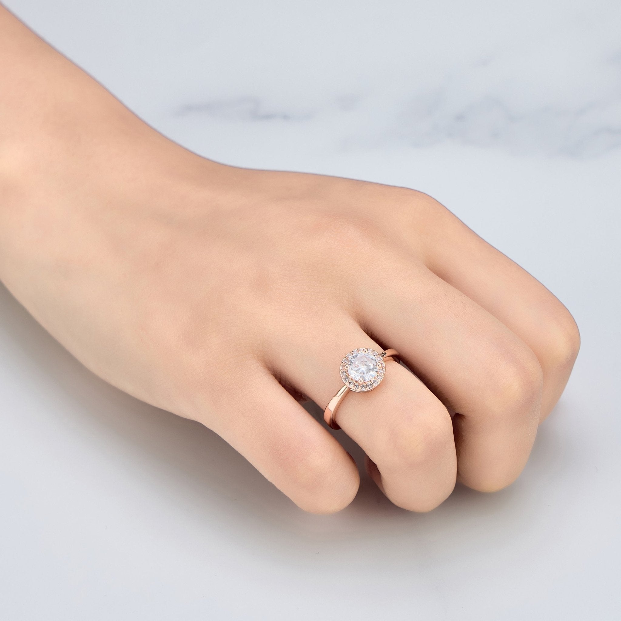 Rose Gold Plated Round Halo Adjustable Ring Created with Zircondia® Crystals