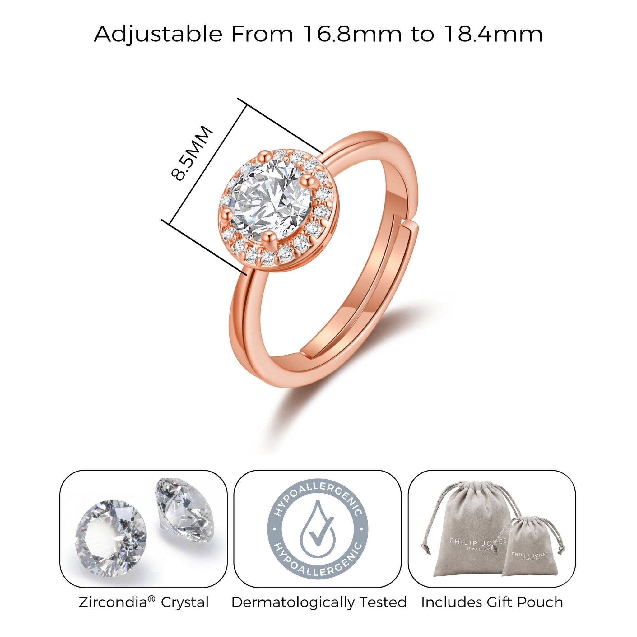 Rose Gold Plated Round Halo Adjustable Ring Created with Zircondia® Crystals