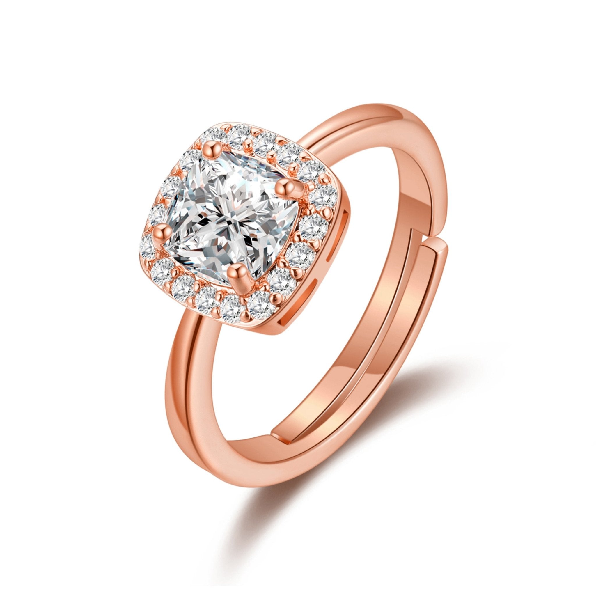 Rose Gold Plated Square Halo Adjustable Ring Created with Zircondia® Crystals