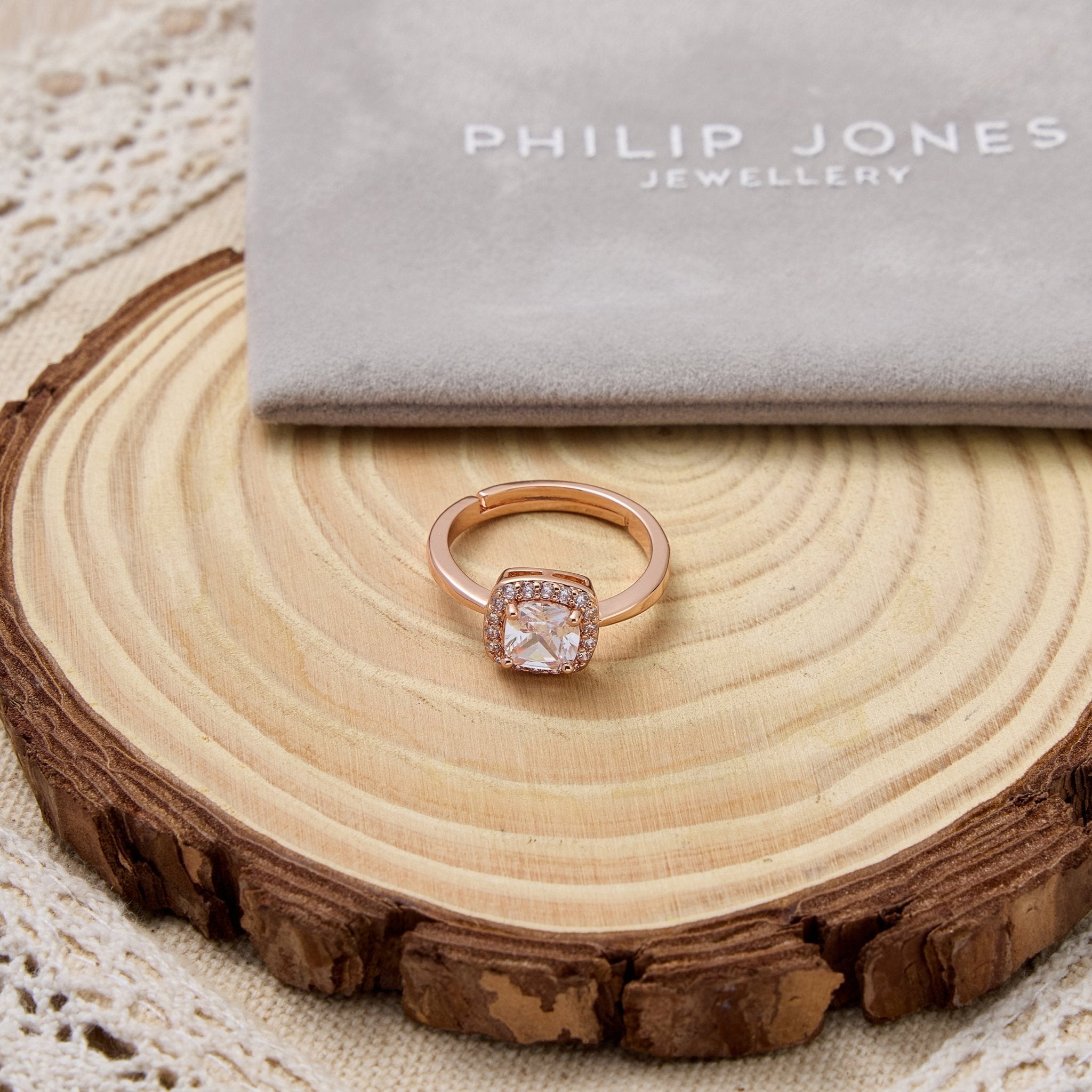 Rose Gold Plated Square Halo Adjustable Ring Created with Zircondia® Crystals