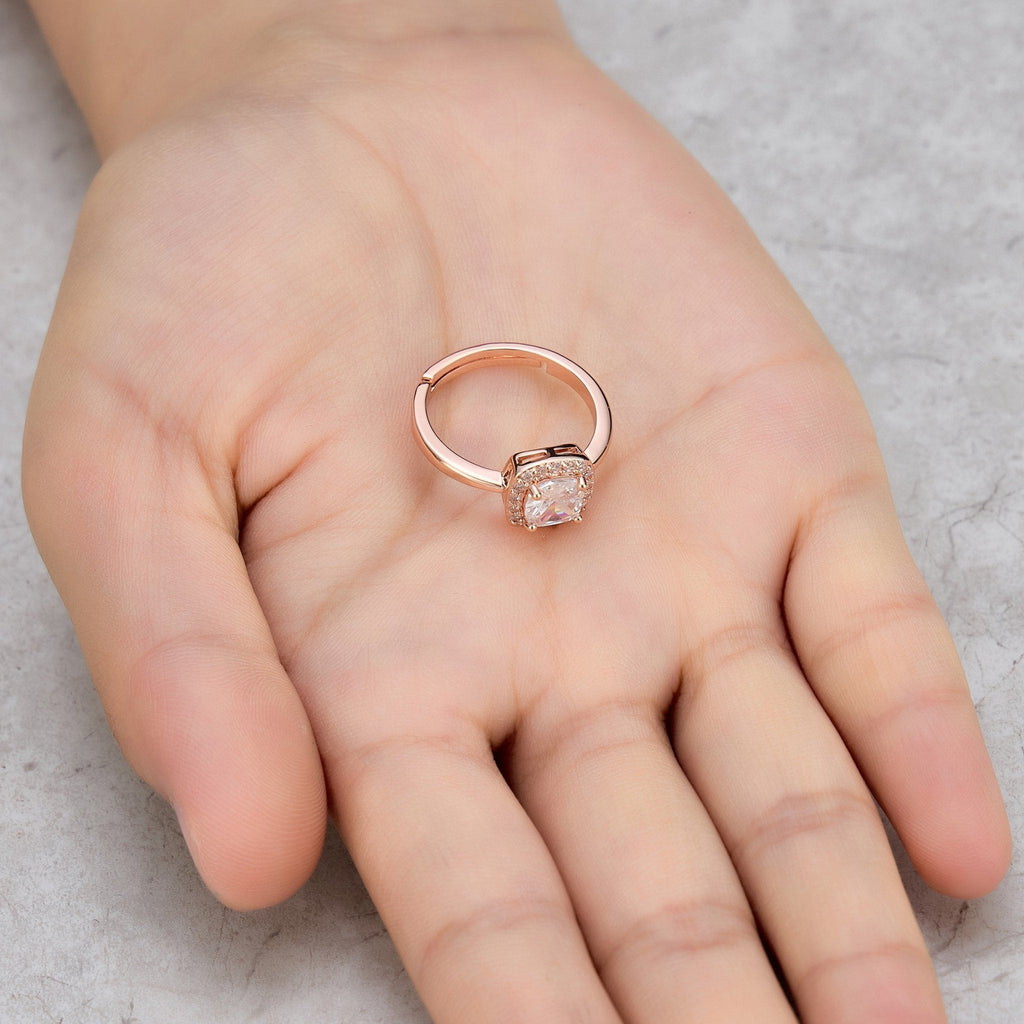 Rose Gold Plated Square Halo Adjustable Ring Created with Zircondia® Crystals