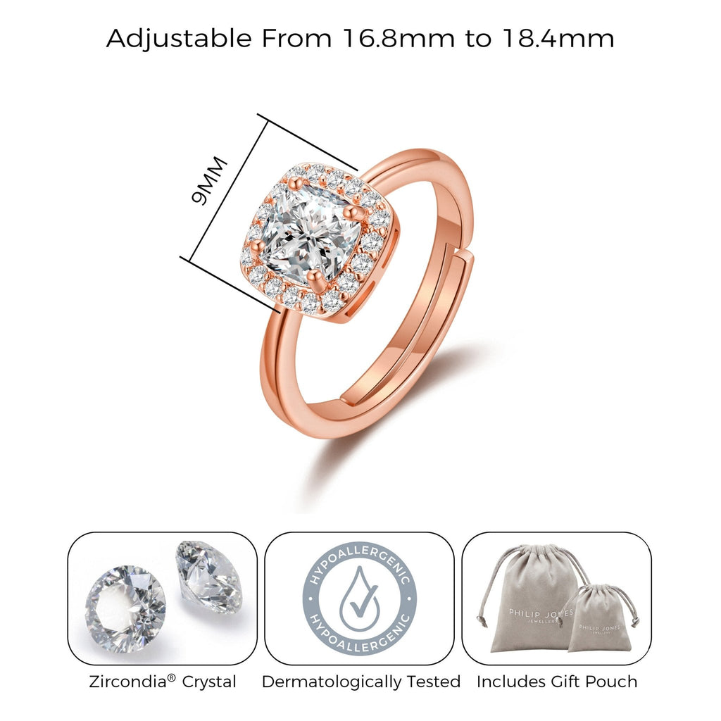 Rose Gold Plated Square Halo Adjustable Ring Created with Zircondia® Crystals
