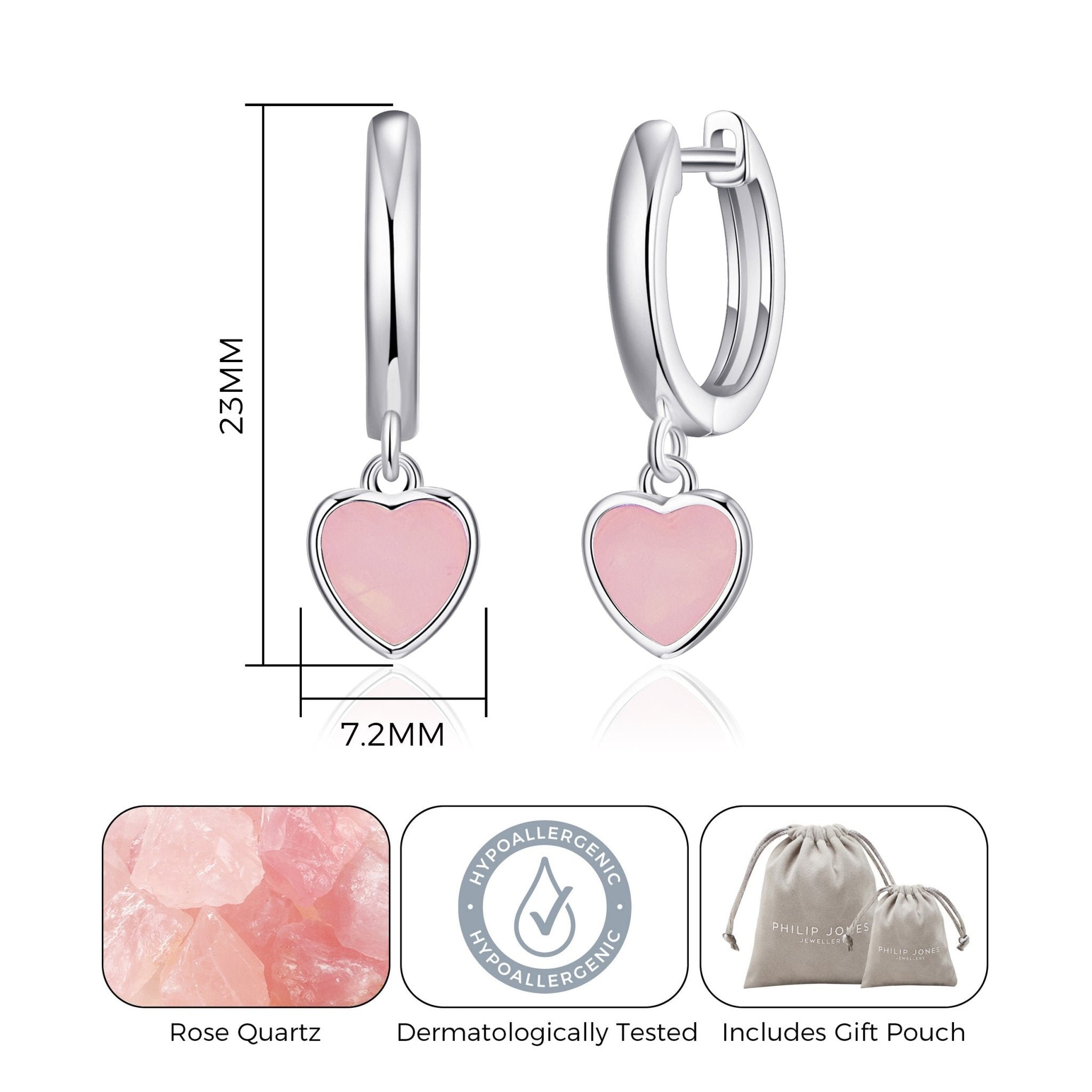 Rose Quartz Gemstone Heart Charm Hoop Earrings with Quote Card