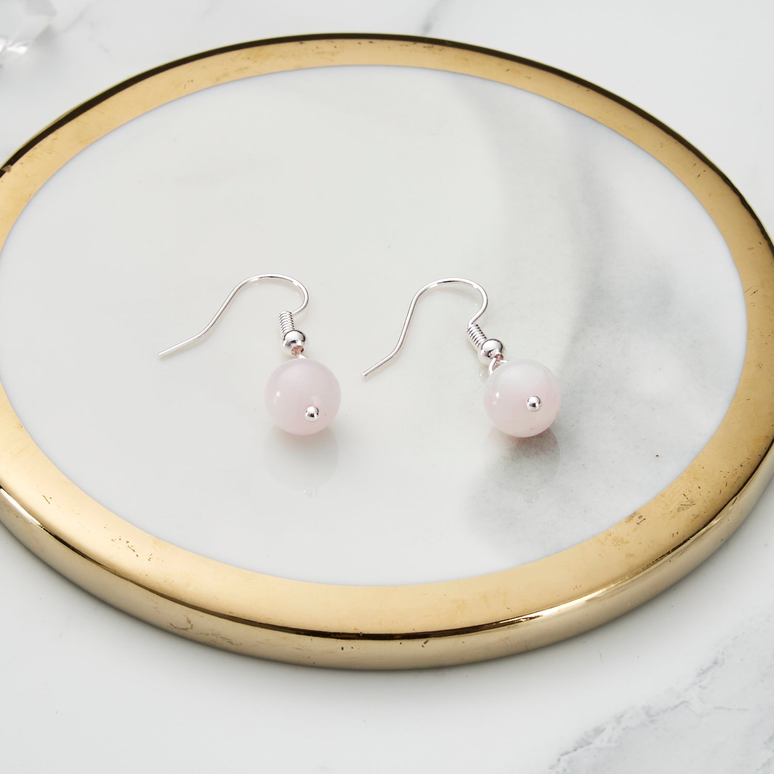 Rose Quartz Gemstone Round Drop Earrings with Quote Card