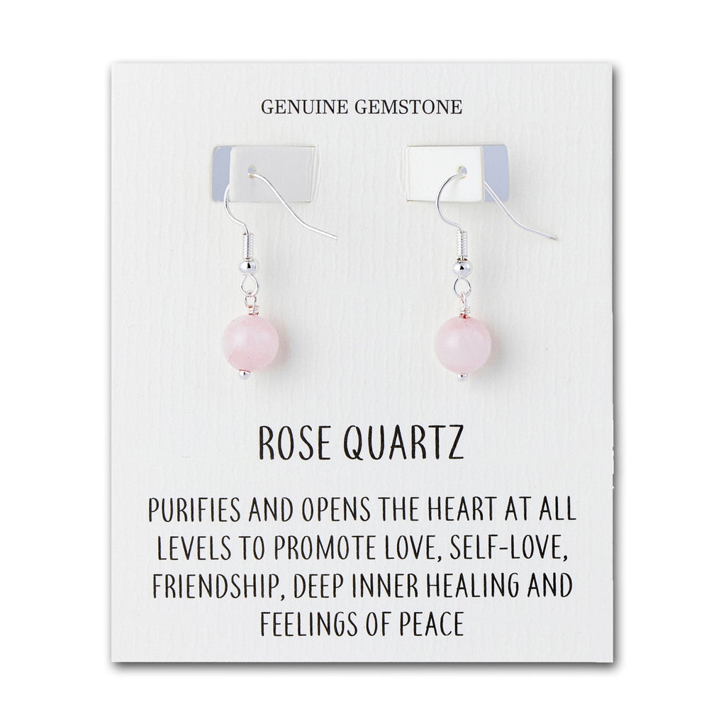 Rose Quartz Gemstone Round Drop Earrings with Quote Card