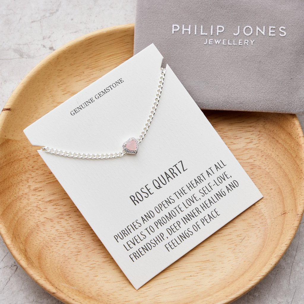Rose Quartz Heart Gemstone Bracelet with Quote Card Created with Zircondia® Crystals