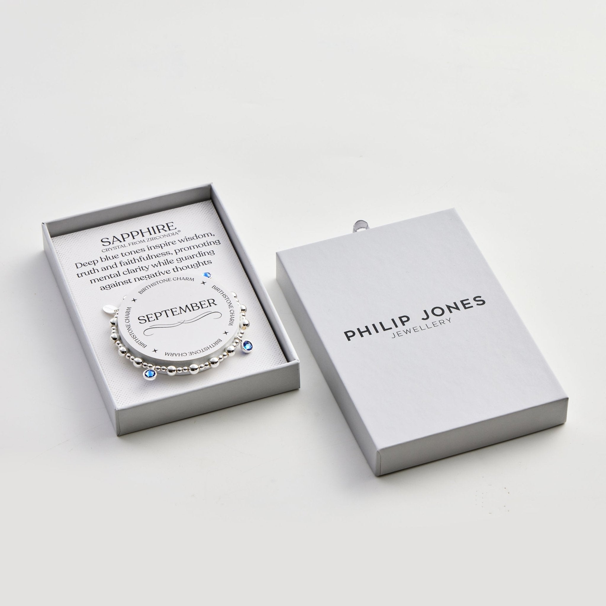 September (Sapphire) Birthstone Stretch Charm Bracelet with Quote Gift Box