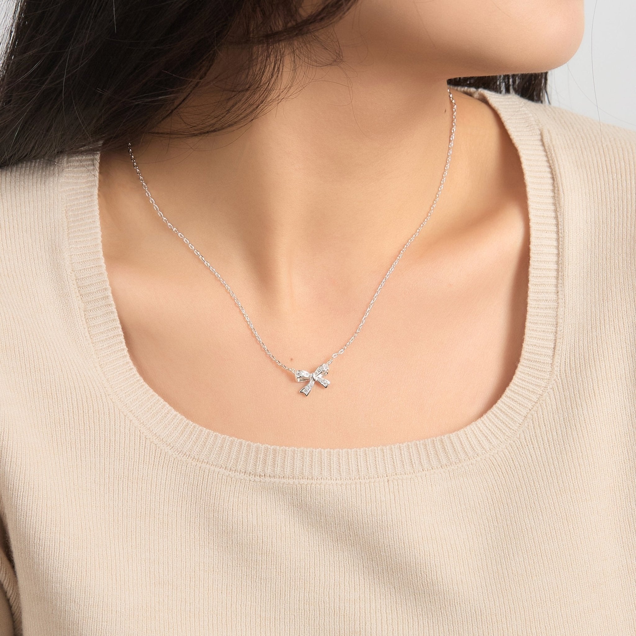Silver Plated Bow Necklace Created with Zircondia® Crystals