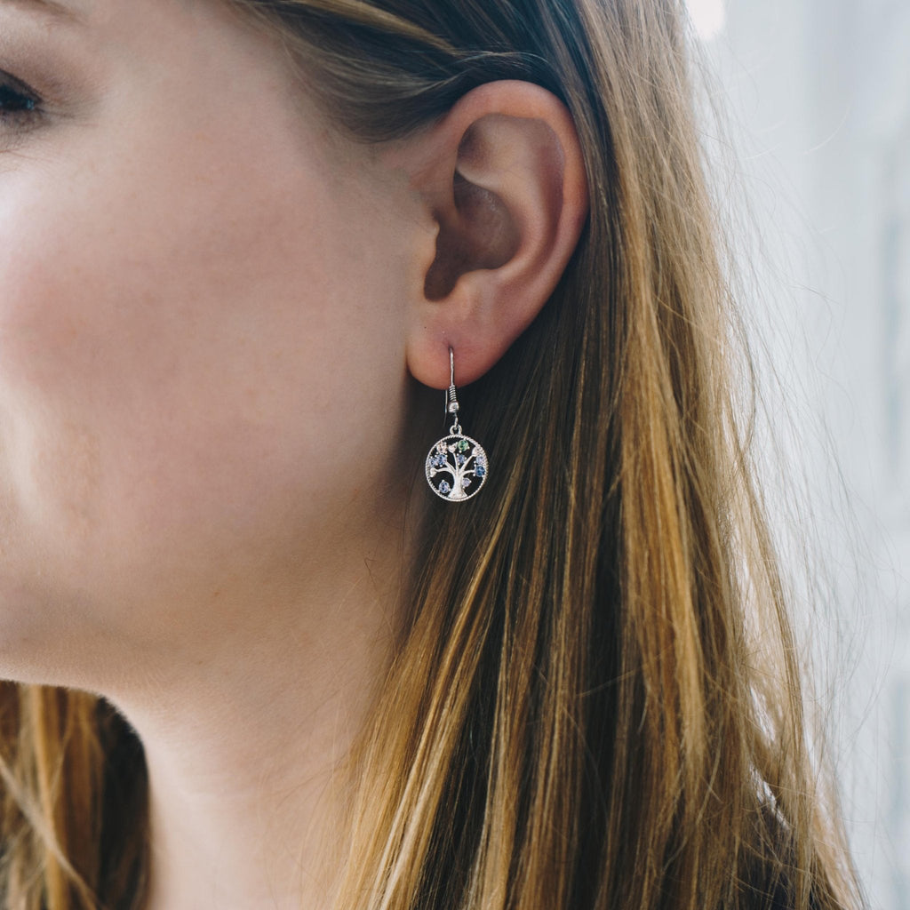Silver Plated Chakra Tree of Life Drop Earrings Created with Crystals from Zircondia®