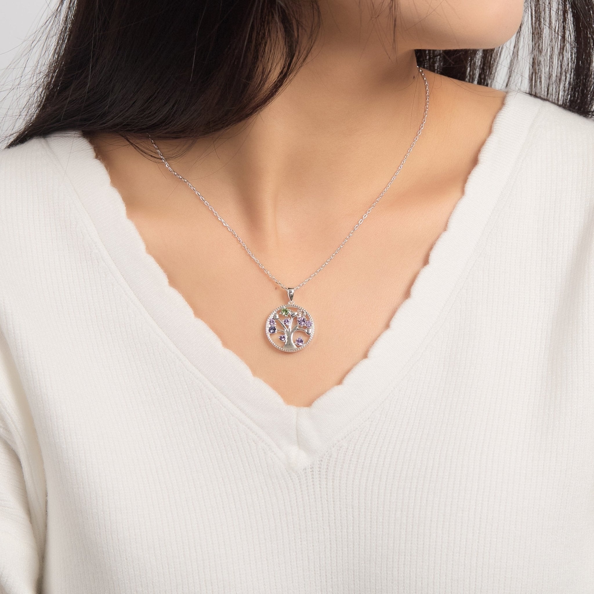 Silver Plated Chakra Tree of Life Necklace Created with Zircondia® Crystals