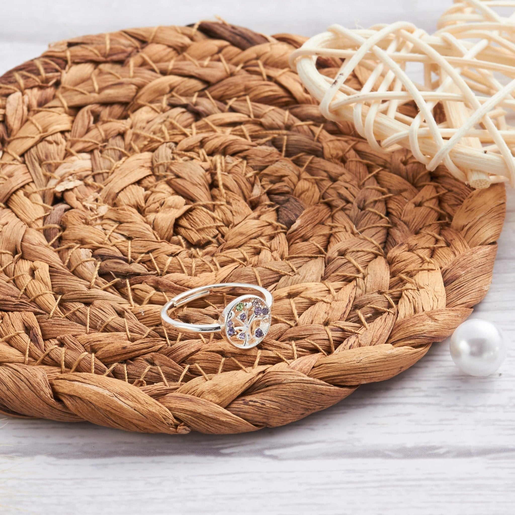 Silver Plated Adjustable Chakra Tree of Life Ring Created with Zircondia® Crystals