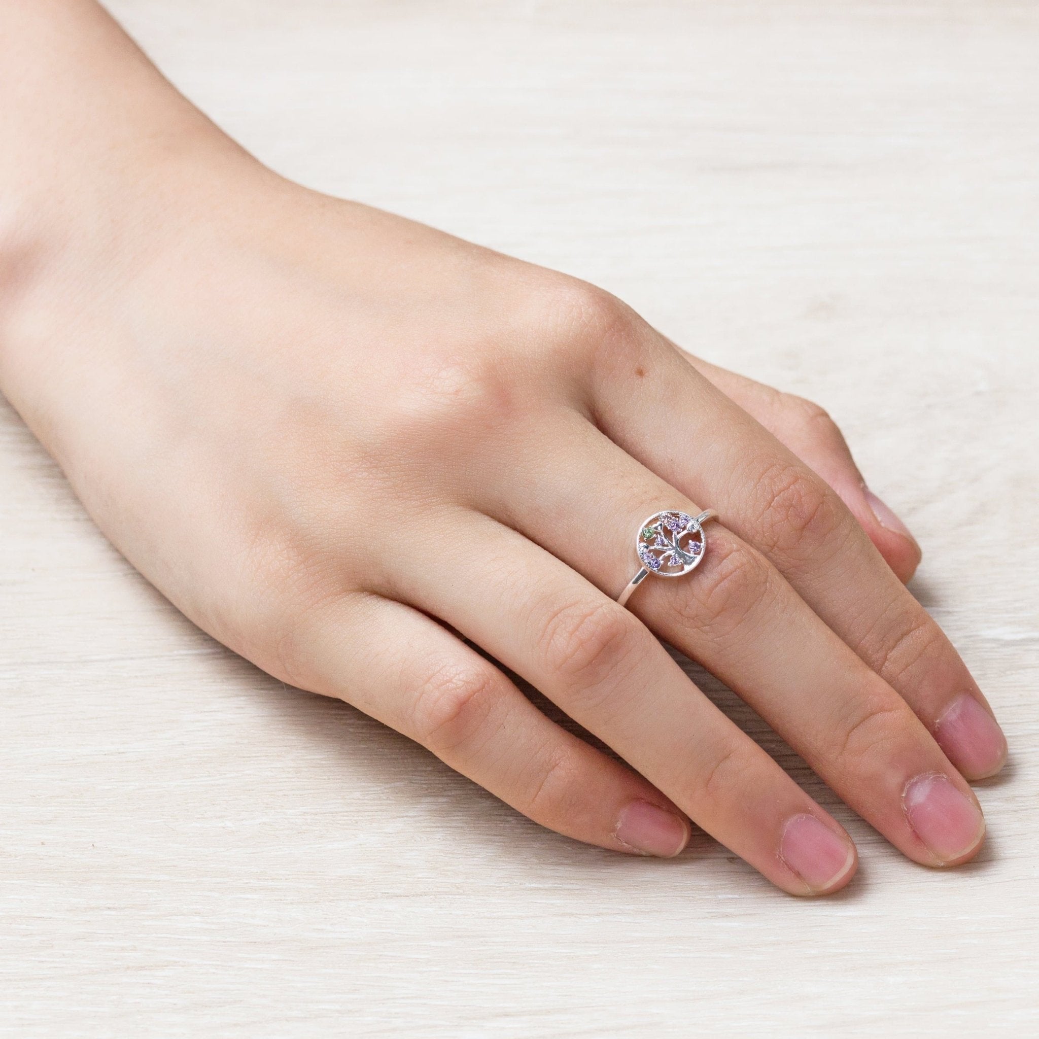 Silver Plated Adjustable Chakra Tree of Life Ring Created with Zircondia® Crystals