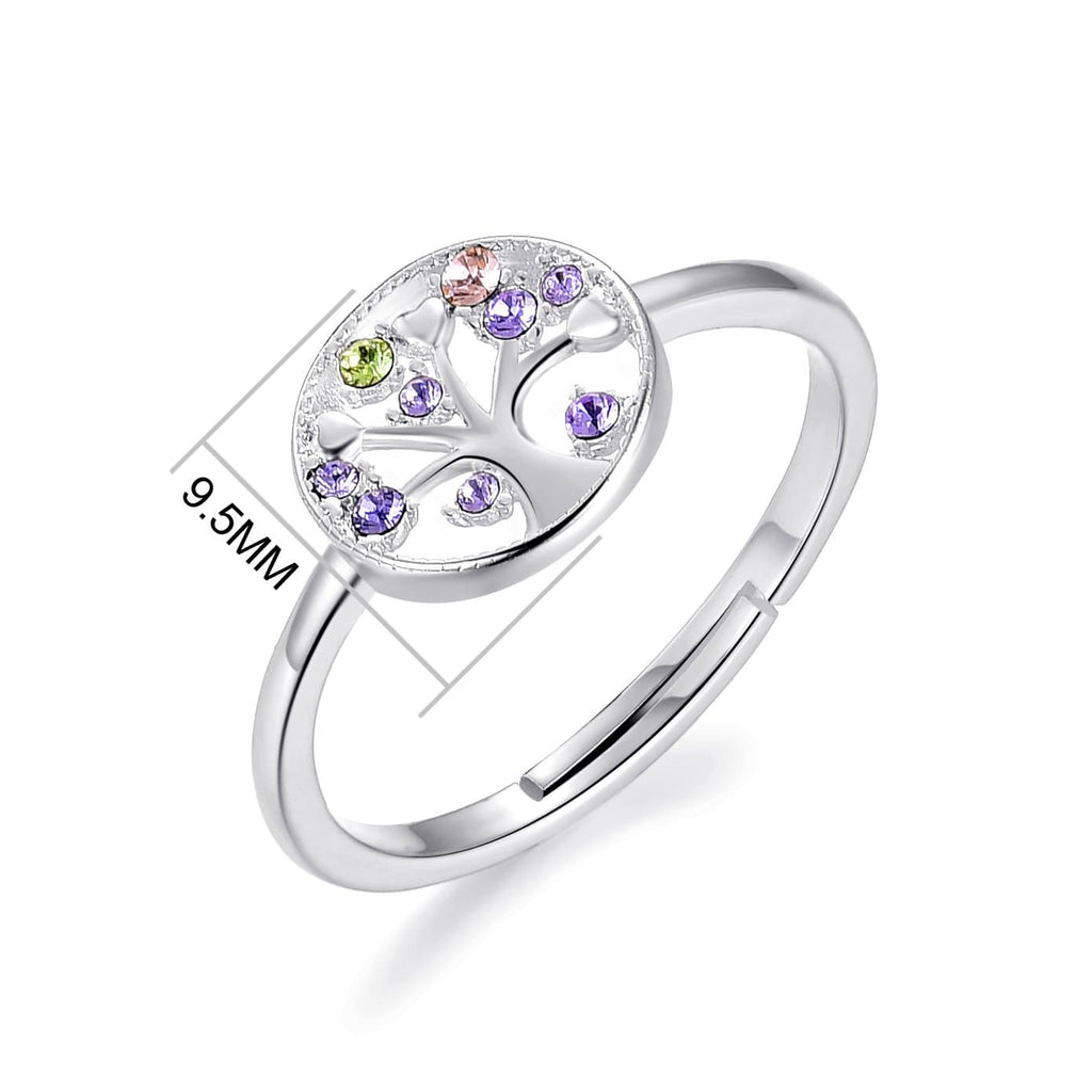 Silver Plated Adjustable Chakra Tree of Life Ring Created with Zircondia® Crystals