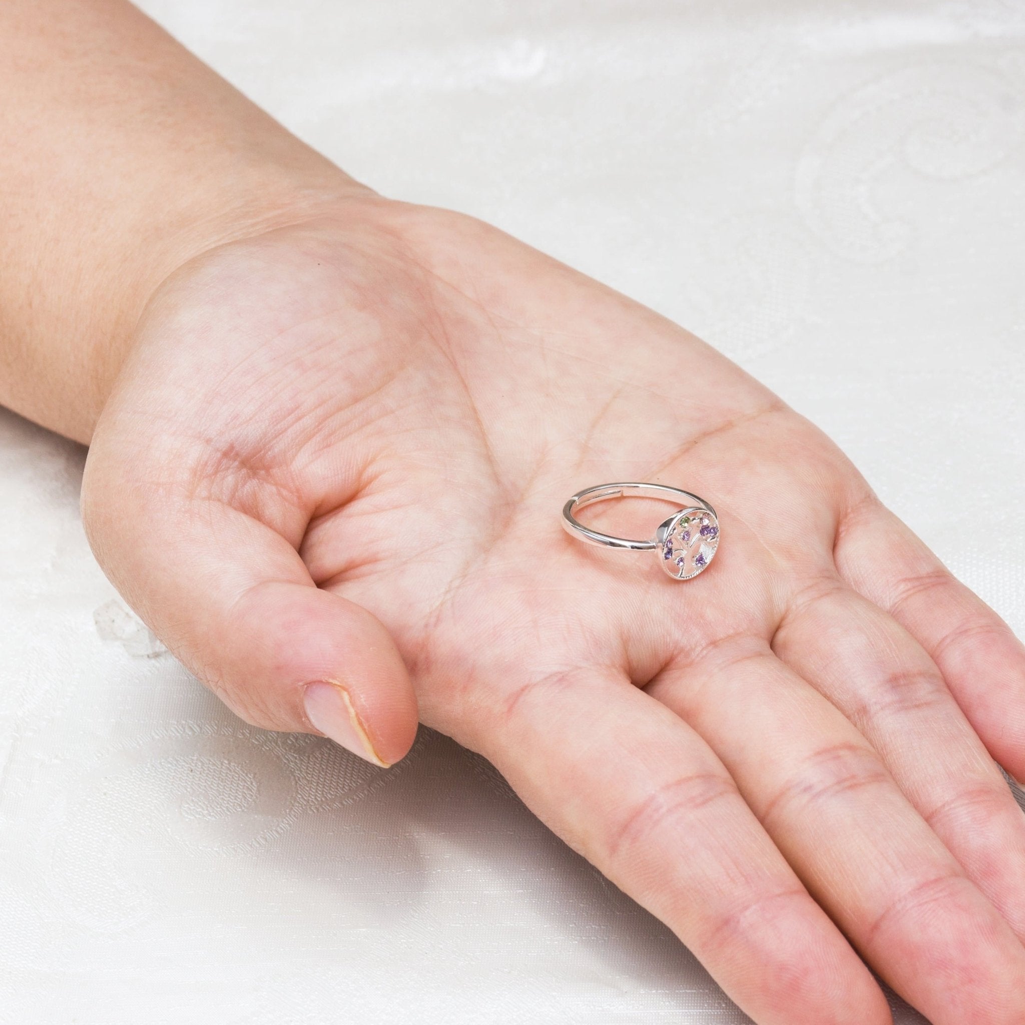 Silver Plated Adjustable Chakra Tree of Life Ring Created with Zircondia® Crystals