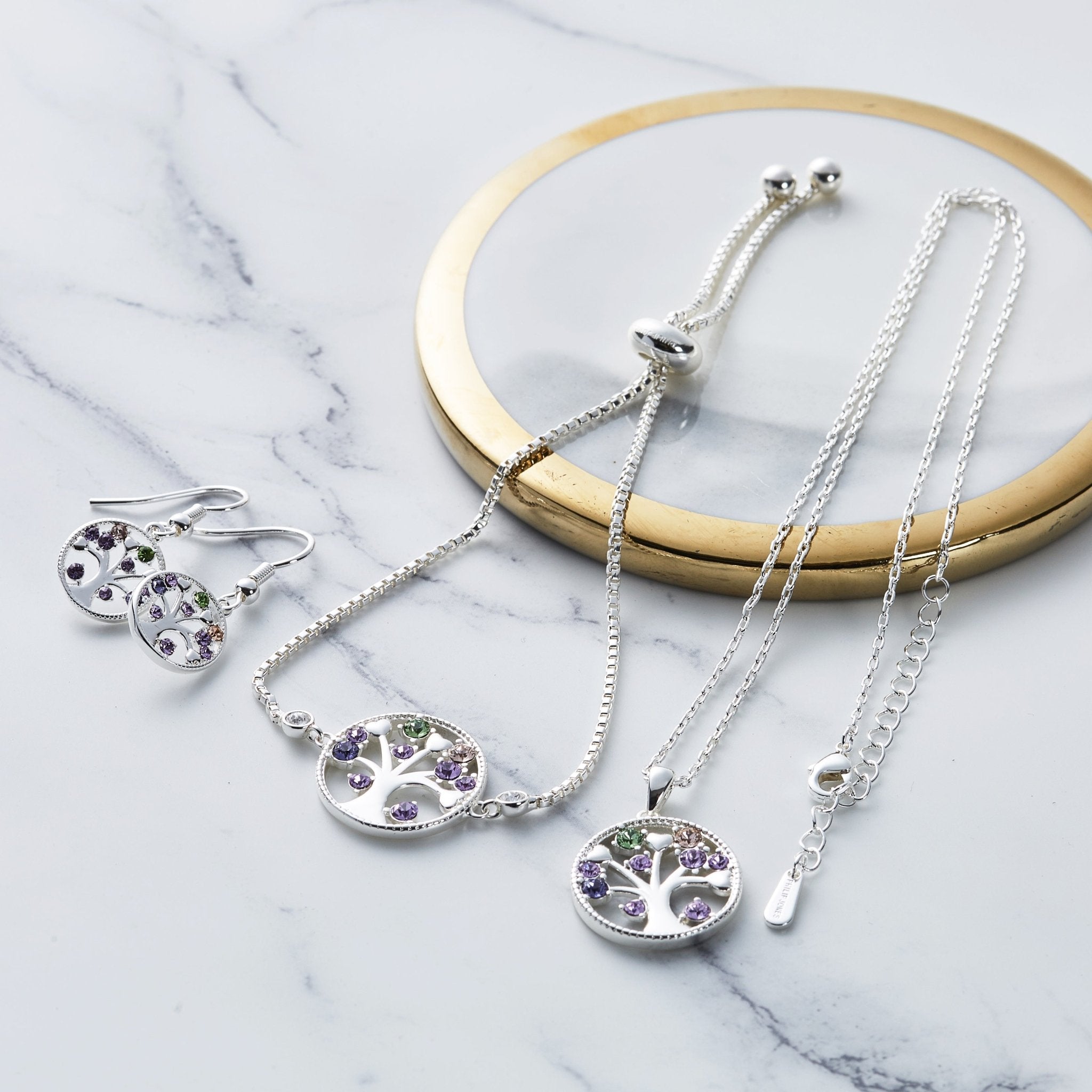 Silver Plated Chakra Tree of Life Set Created with Zircondia® Crystals