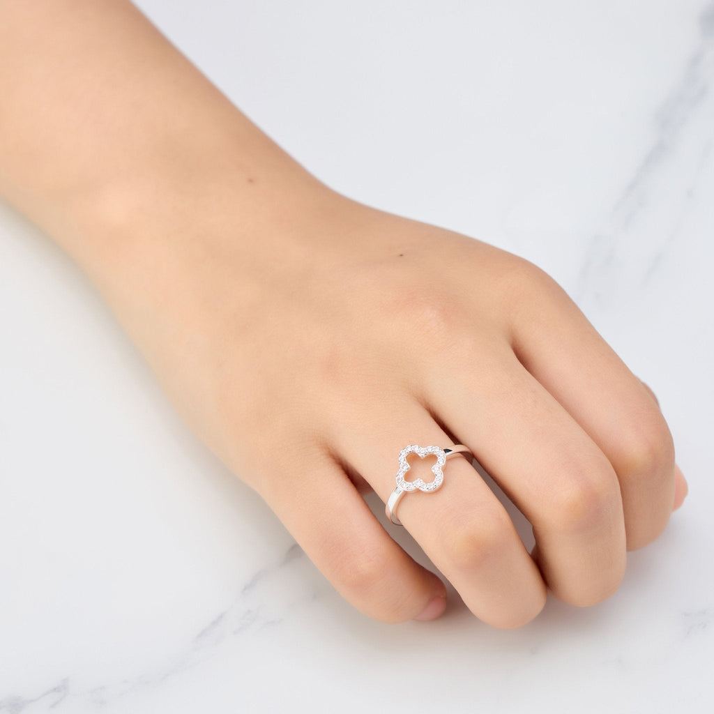 Silver Plated Clover Adjustable Ring Created with Zircondia® Crystals
