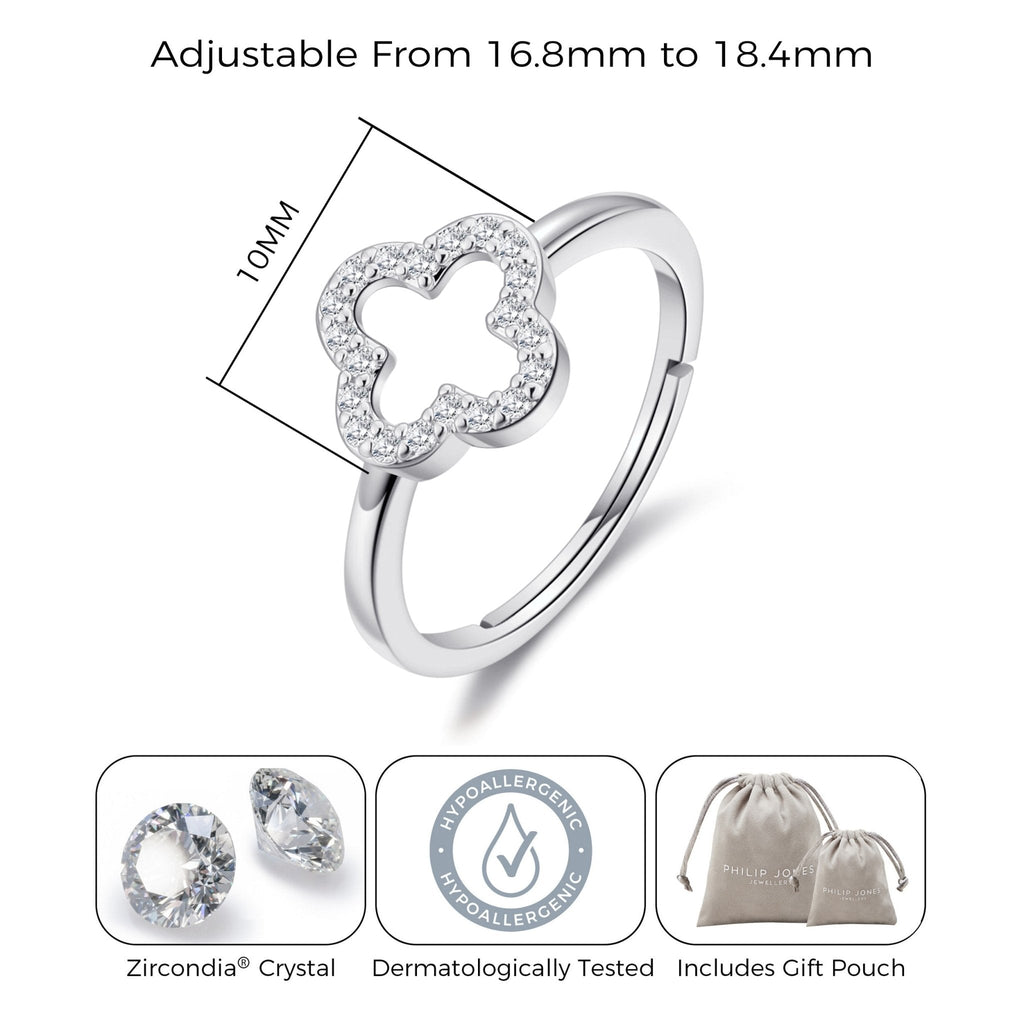 Silver Plated Clover Adjustable Ring Created with Zircondia® Crystals