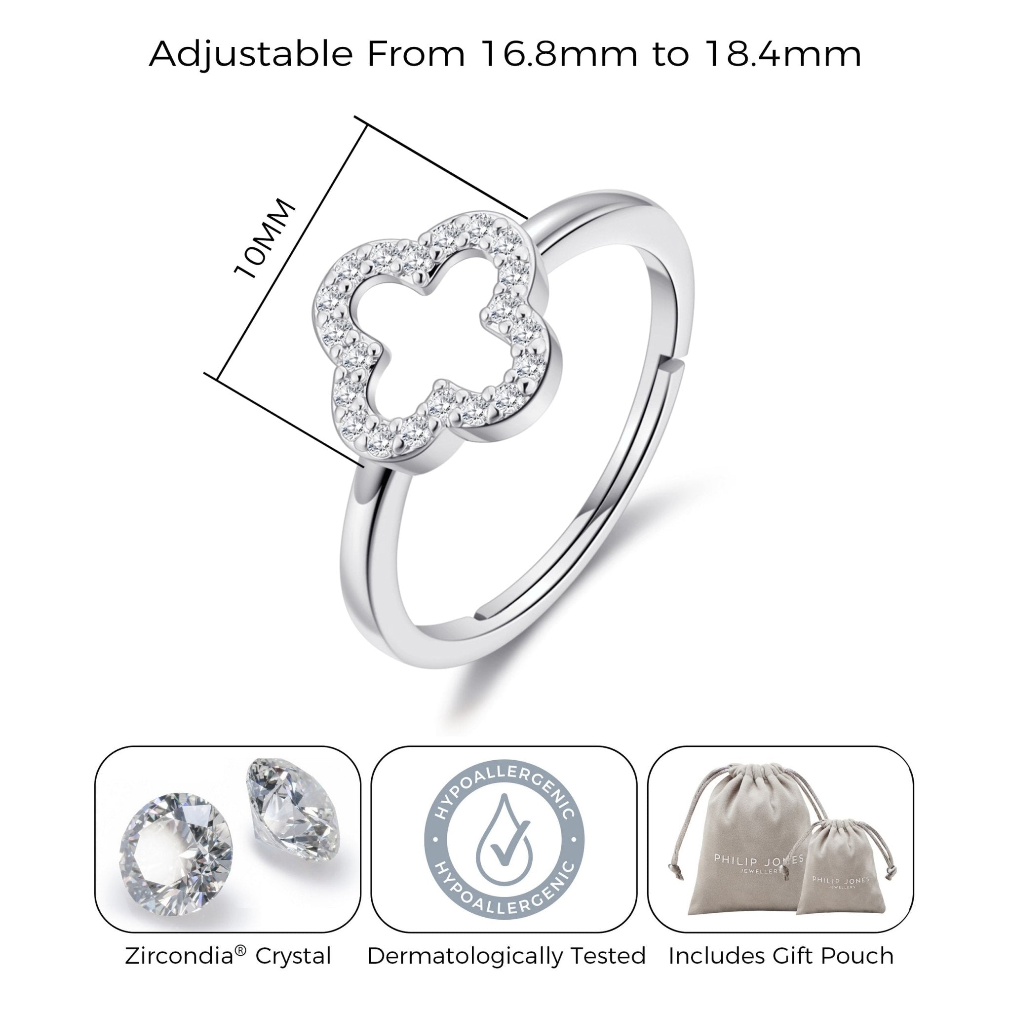 Silver Plated Clover Adjustable Ring Created with Zircondia® Crystals