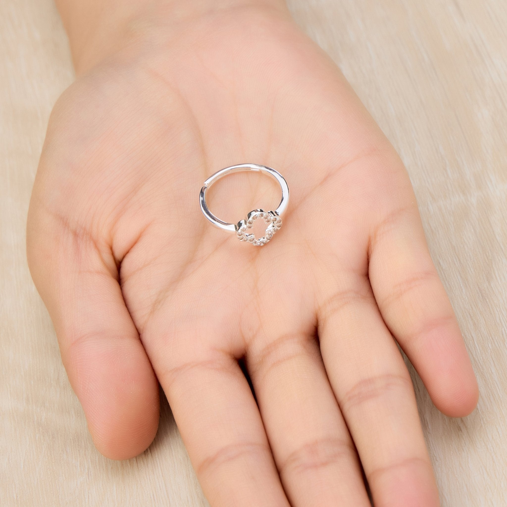 Silver Plated Clover Adjustable Ring Created with Zircondia® Crystals