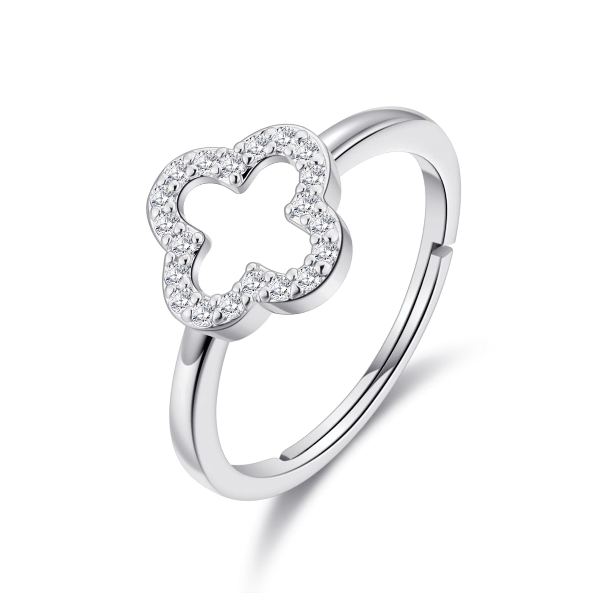 Silver Plated Clover Adjustable Ring Created with Zircondia® Crystals