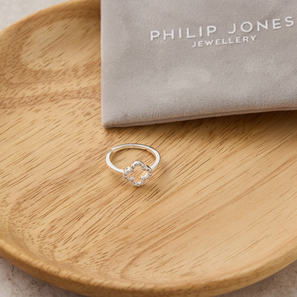 Silver Plated Clover Adjustable Ring Created with Zircondia® Crystals