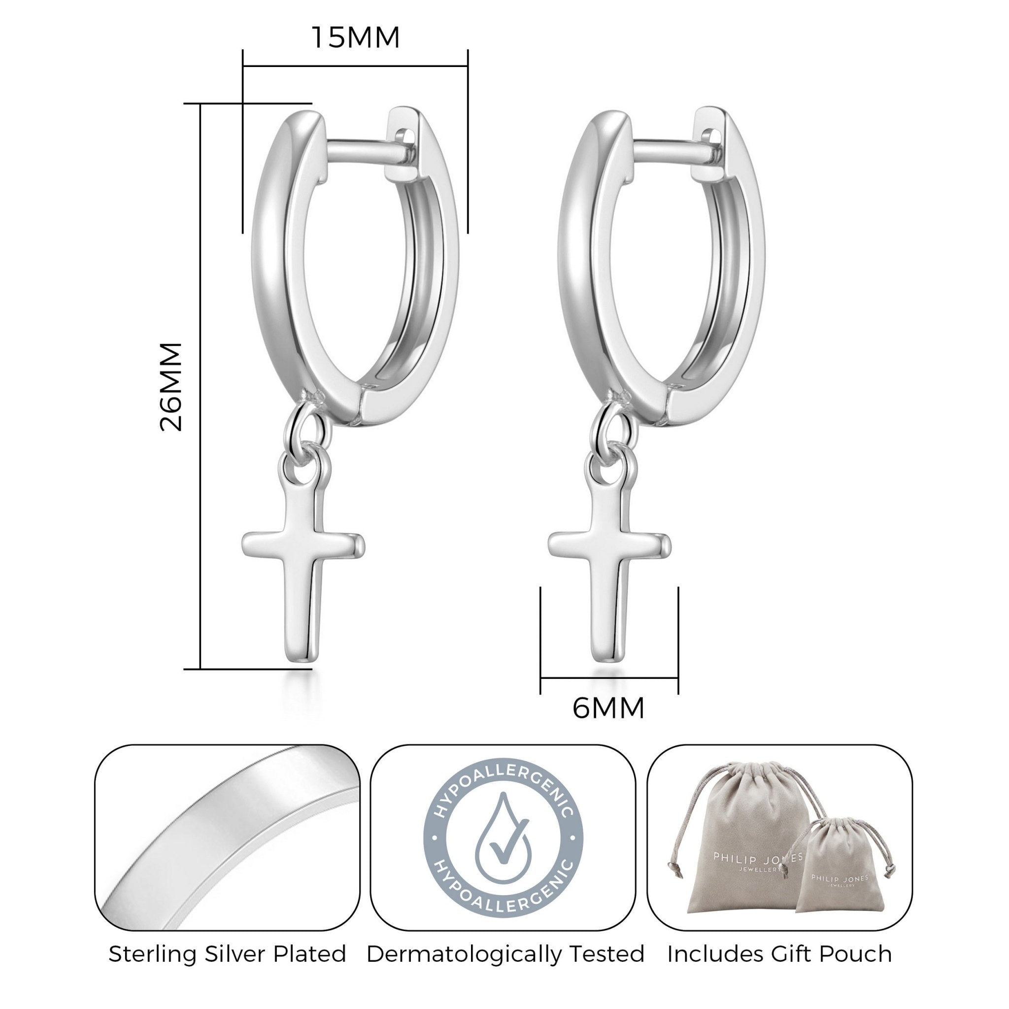 Silver Plated Cross Charm Hoop Earrings