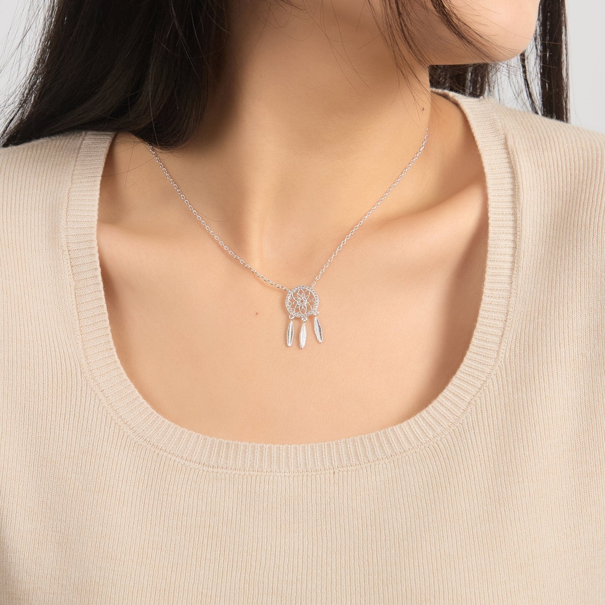 Silver Plated Dream Catcher Necklace Created with Zircondia® Crystals