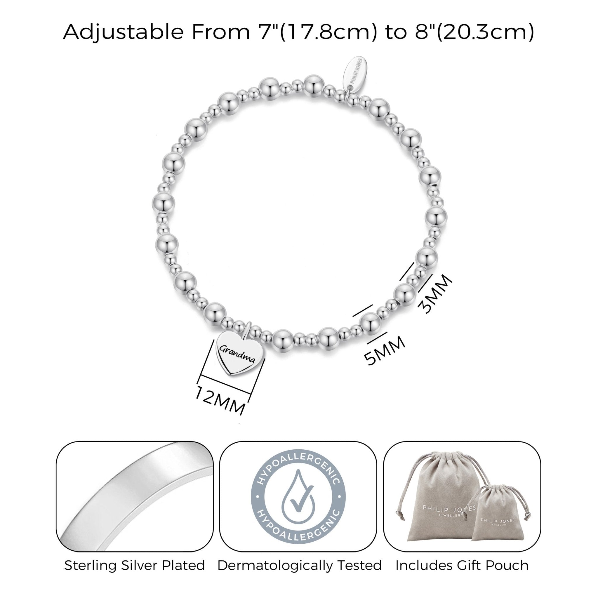 Silver Plated Grandma Heart Charm Beaded Stretch Bracelet