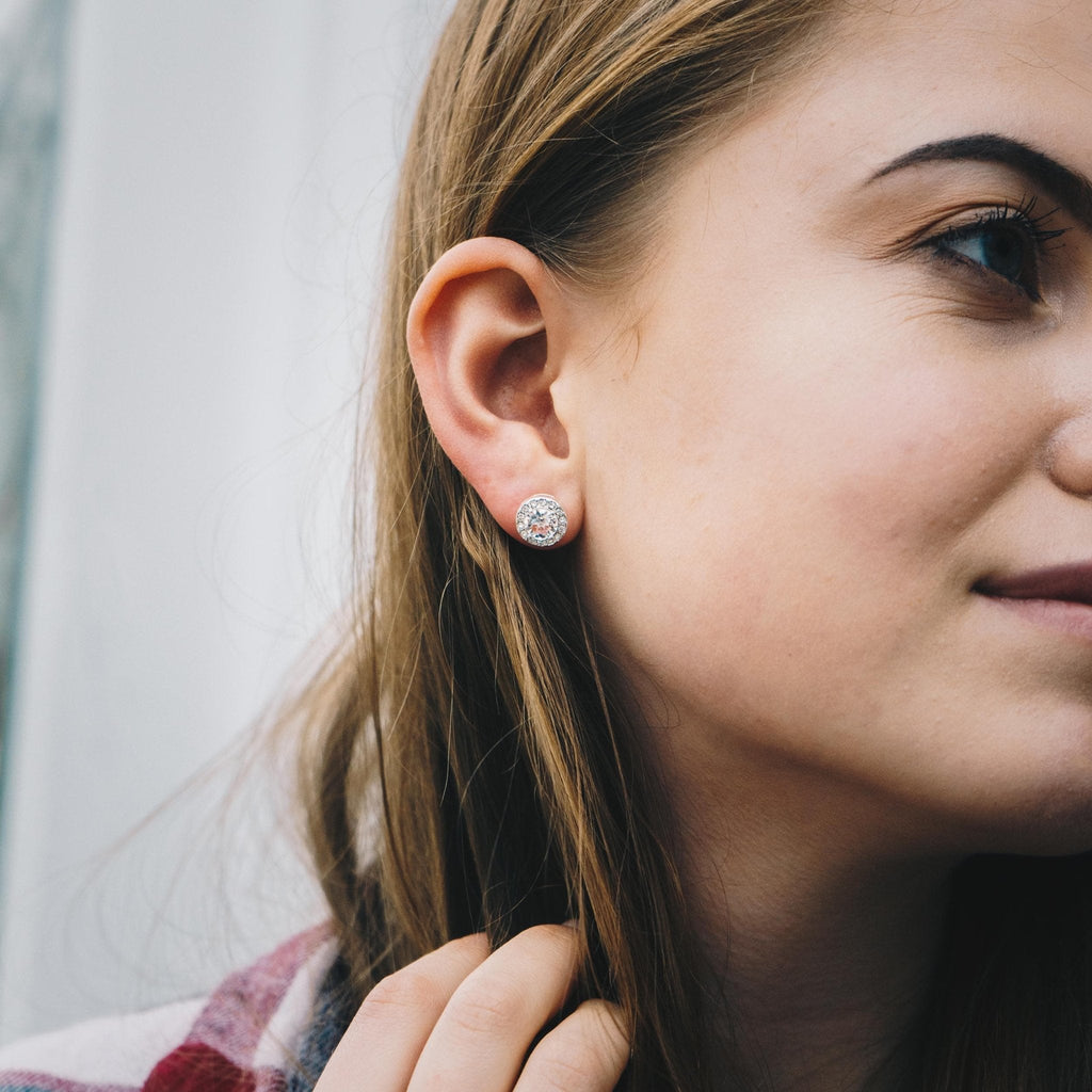 Silver Plated Halo Earrings Created with Zircondia® Crystals