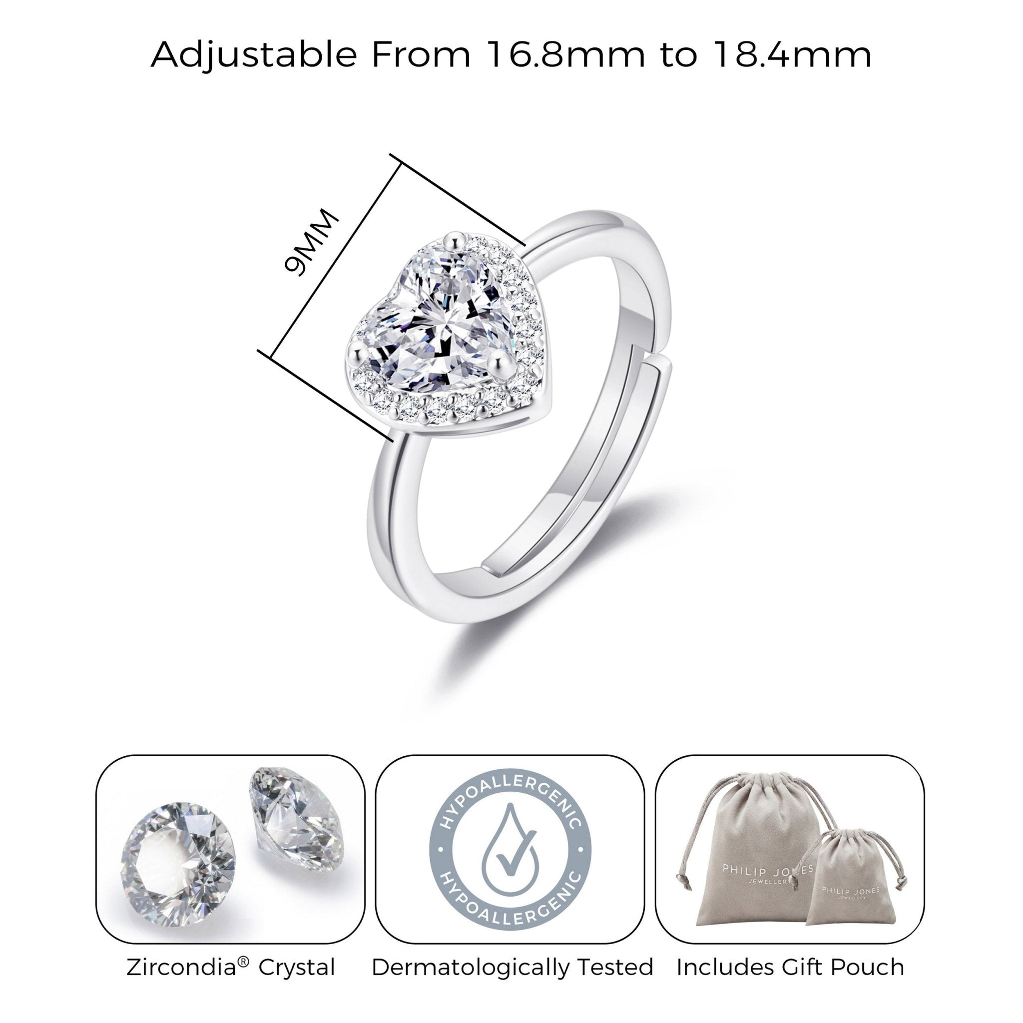 Silver Plated Heart Halo Adjustable Ring Created with Zircondia® Crystals