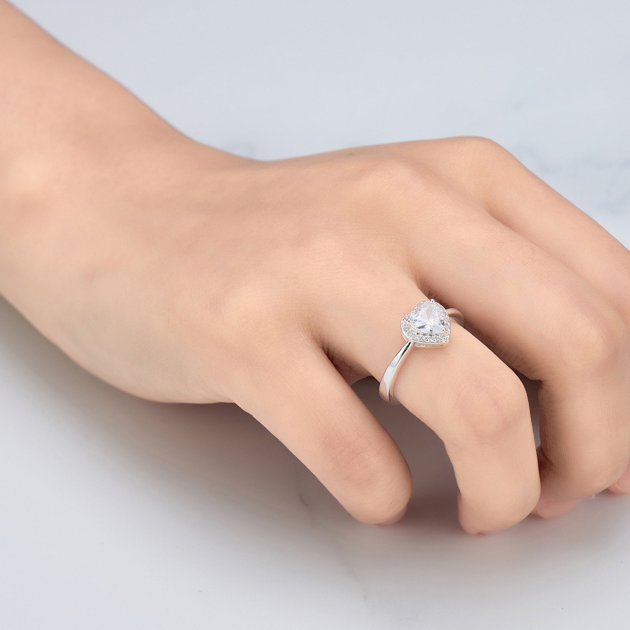 Silver Plated Heart Halo Adjustable Ring Created with Zircondia® Crystals