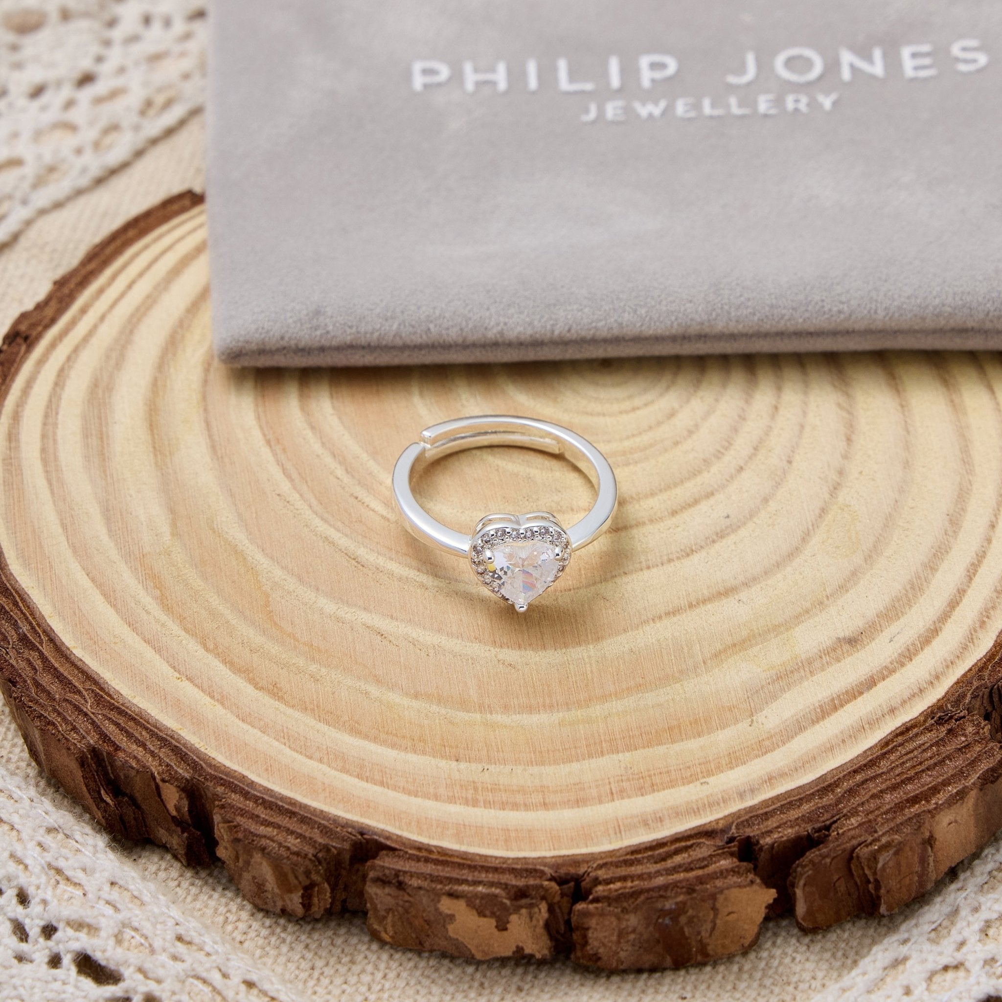 Silver Plated Heart Halo Adjustable Ring Created with Zircondia® Crystals