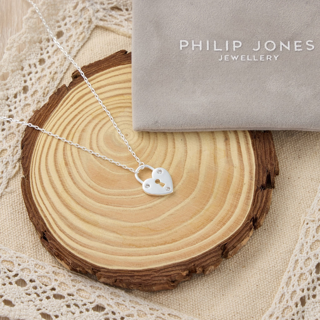 Silver Plated Heart Padlock Necklace Created with Zircondia® Crystals