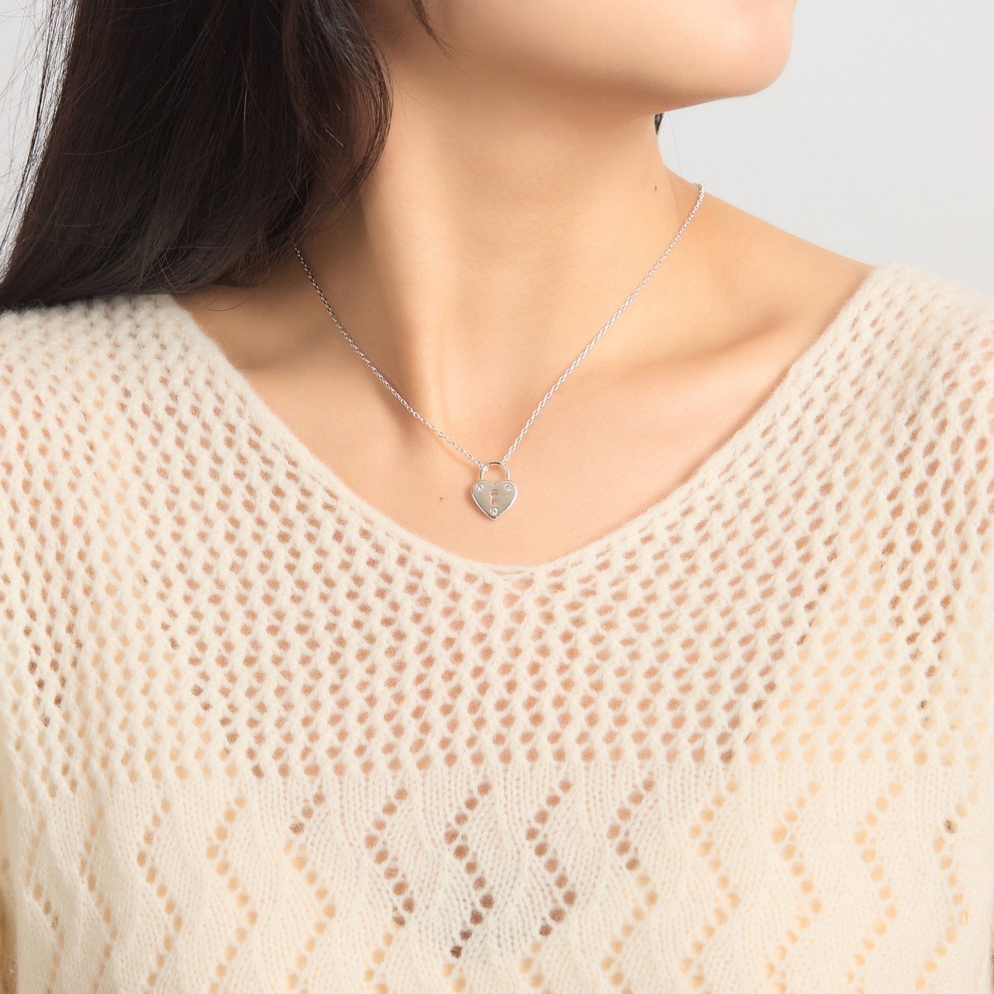Silver Plated Heart Padlock Necklace Created with Zircondia® Crystals