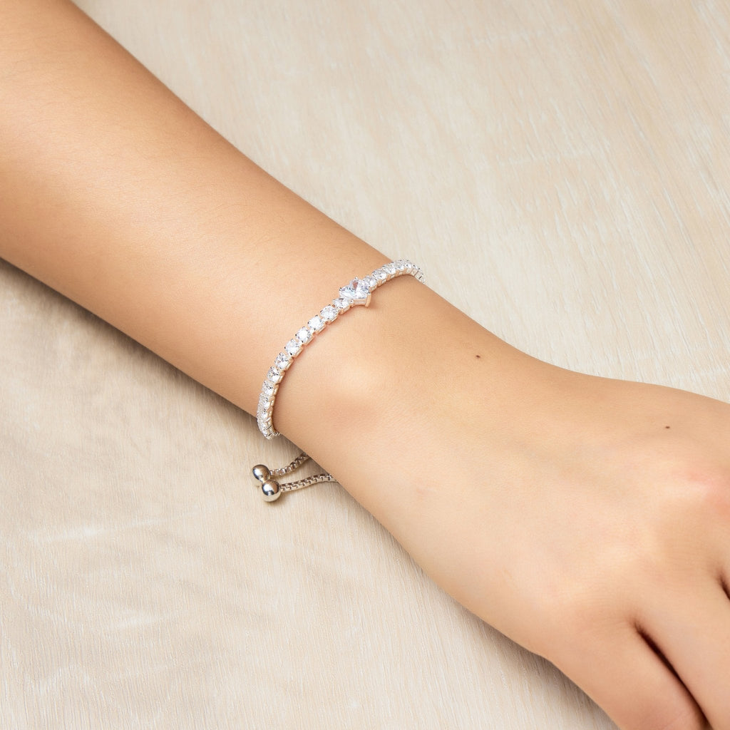 Silver Plated Heart Solitaire Friendship Slider Bracelet Created with Zircondia® Crystals