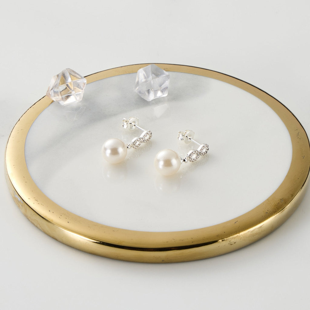 Silver Plated Infinity Pearl Drop Earrings Created with Zircondia® Crystals