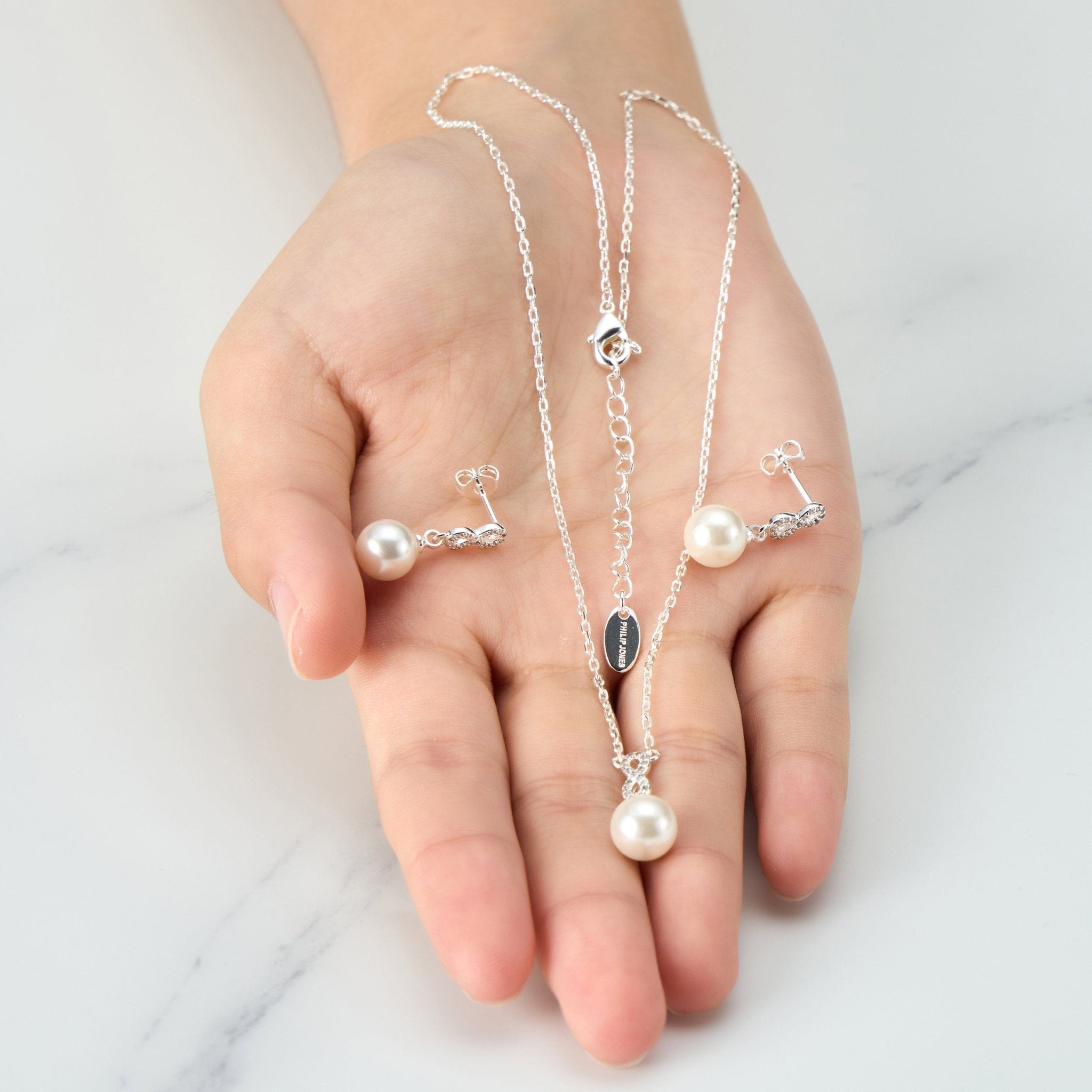 Silver Plated I Couldn't Say I Do Without You Infinity Pearl Drop Bridal Set with Zircondia® Crystals