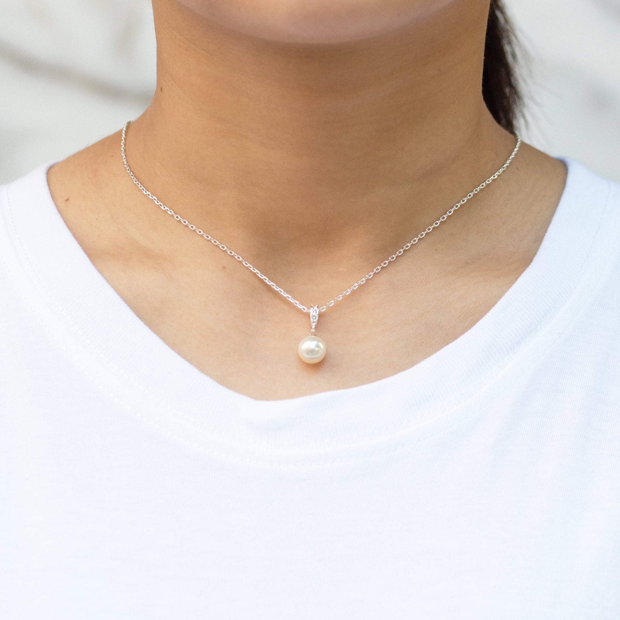 Silver Plated Pearl Drop Necklace Created with Zircondia® Crystals