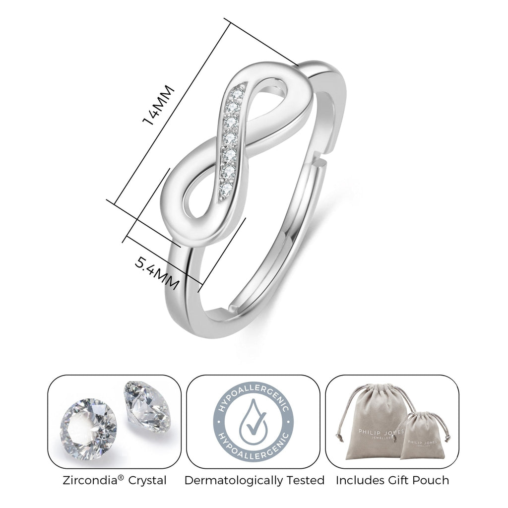 Silver Plated Adjustable Infinity Ring Created with Zircondia® Crystals