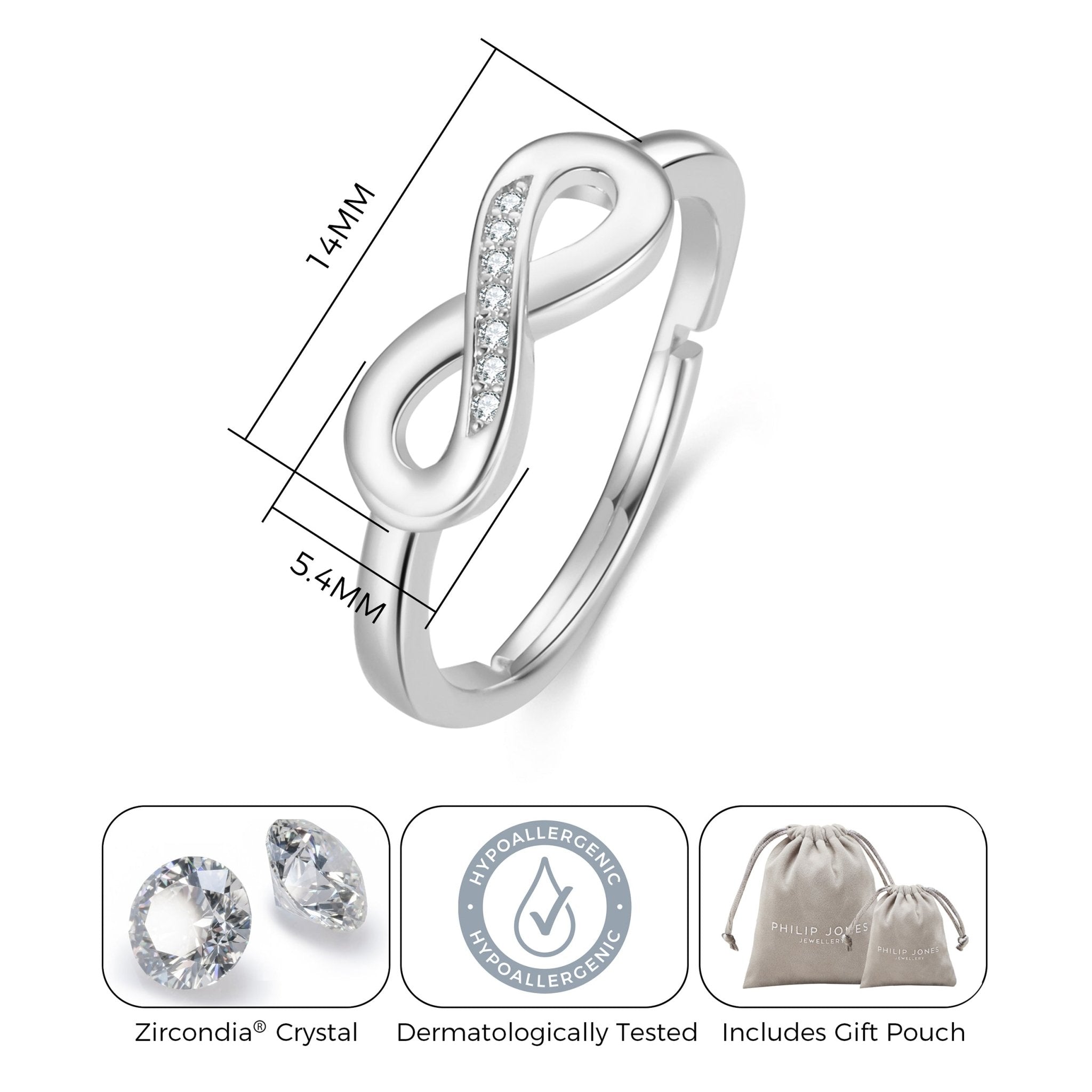 Silver Plated Adjustable Infinity Ring Created with Zircondia® Crystals