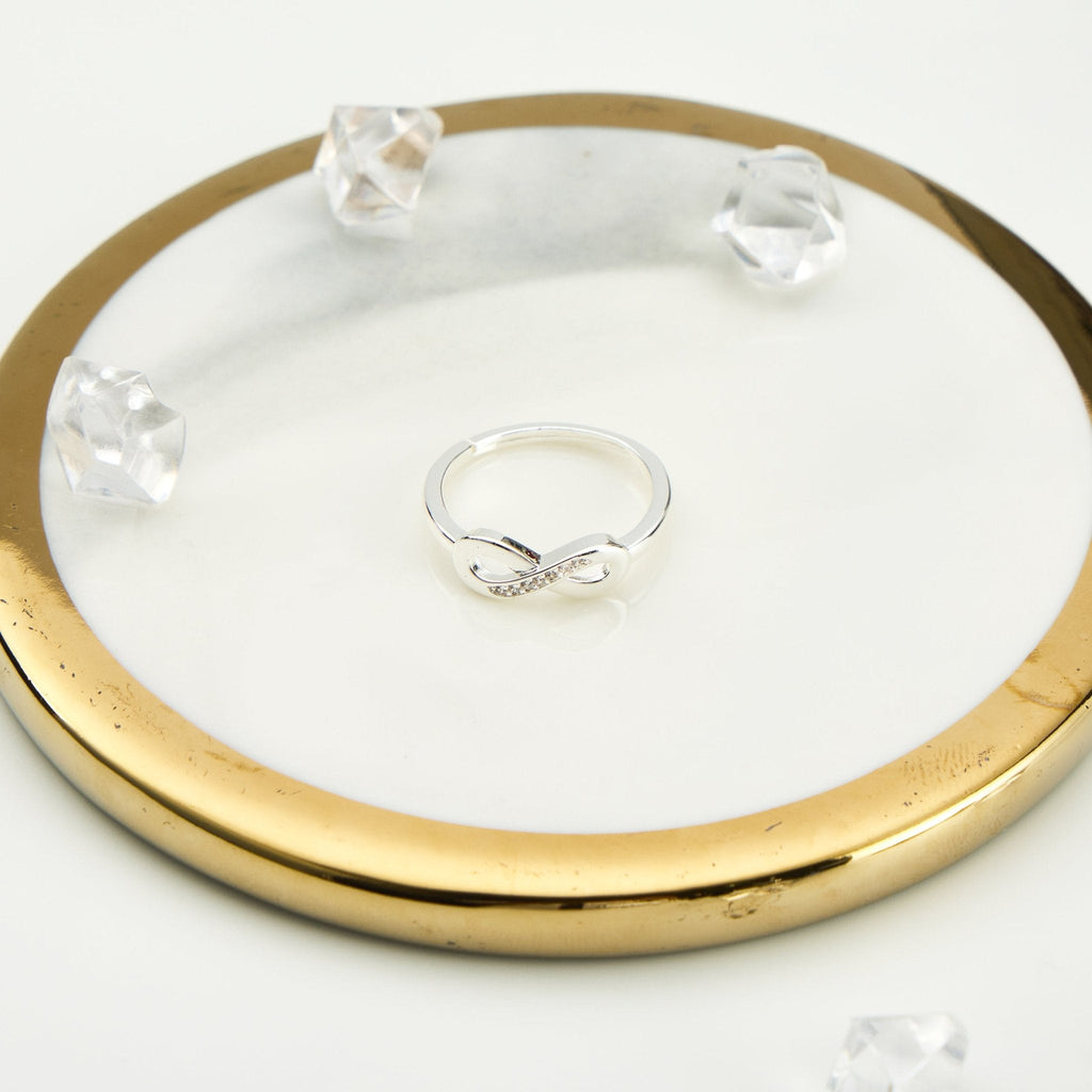 Silver Plated Adjustable Infinity Ring Created with Zircondia® Crystals