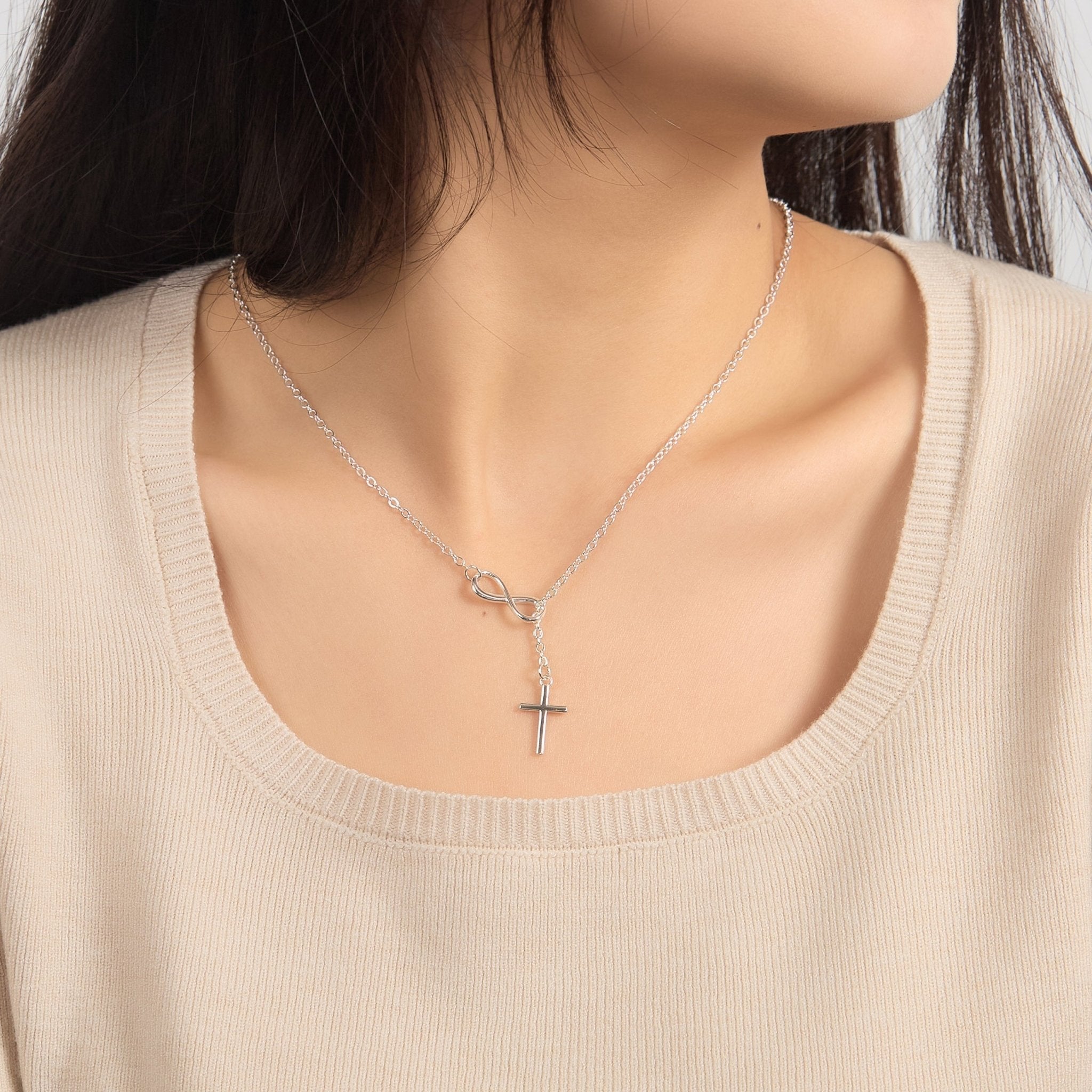 Silver Plated Infinity with Cross Lariat Necklace