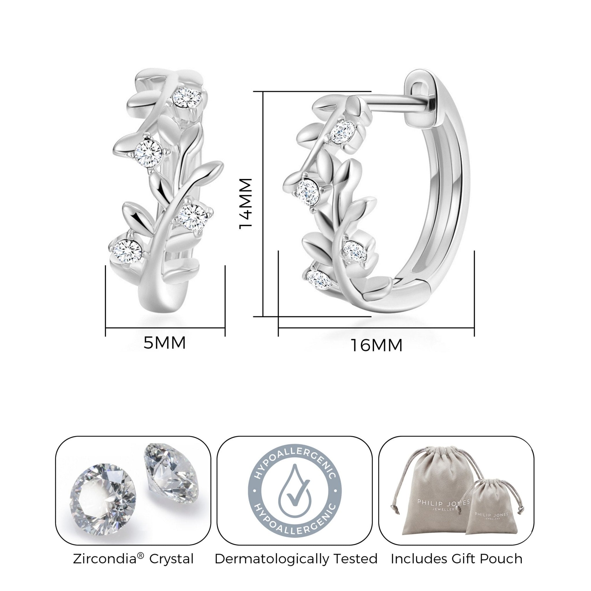 Silver Plated Leaf Hoop Earrings Created with Zircondia® Crystals