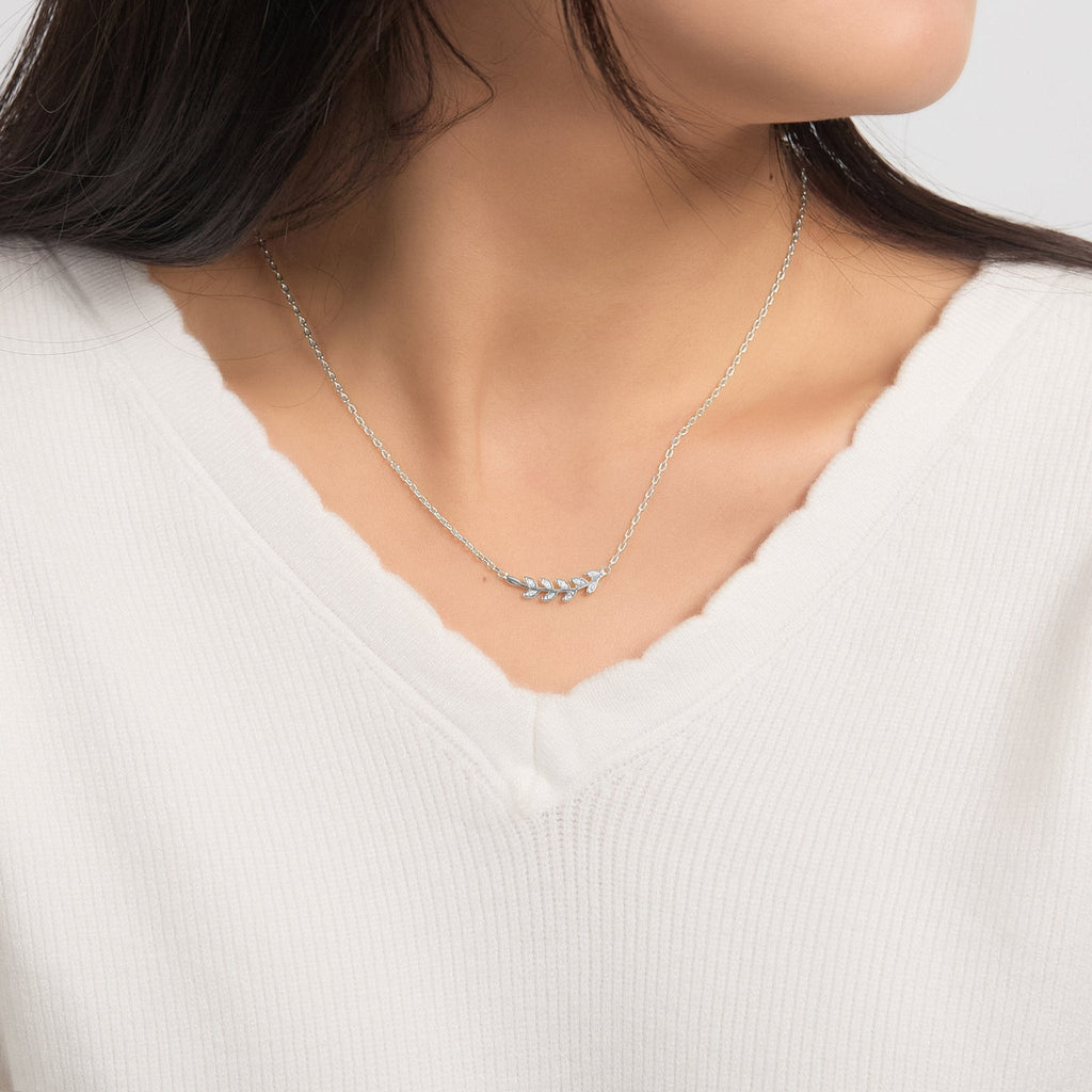 Silver Plated Leaf Necklace Created with Zircondia® Crystals