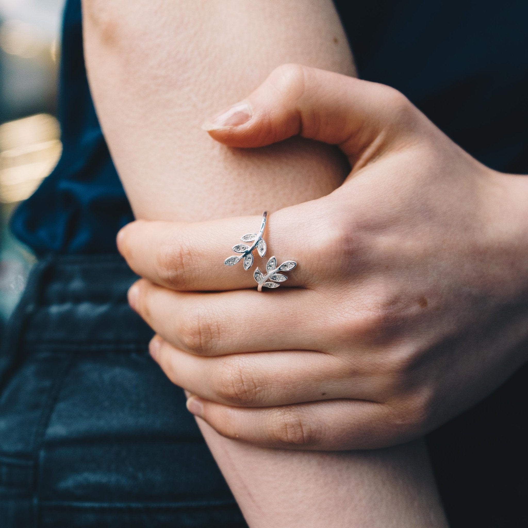 Silver Plated Adjustable Leaf Ring Created with Zircondia® Crystals
