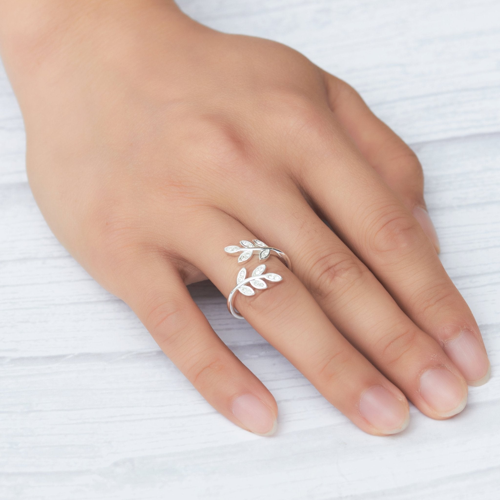 Silver Plated Adjustable Leaf Ring Created with Zircondia® Crystals