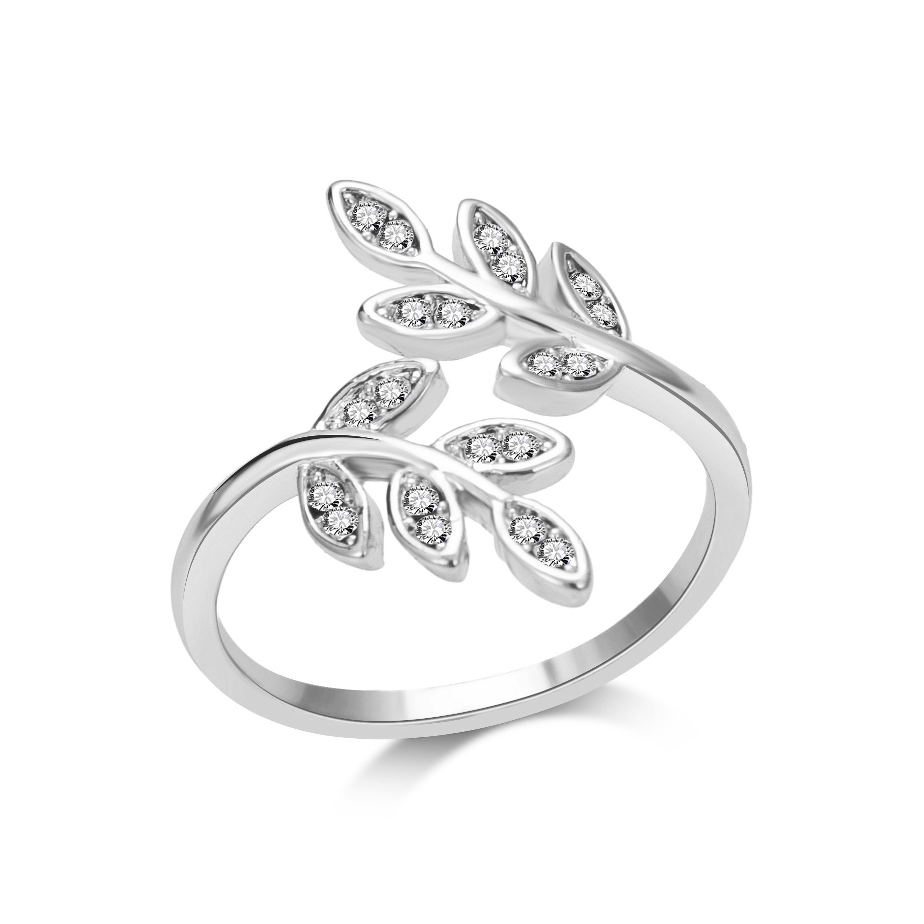 Silver Plated Adjustable Leaf Ring Created with Zircondia® Crystals